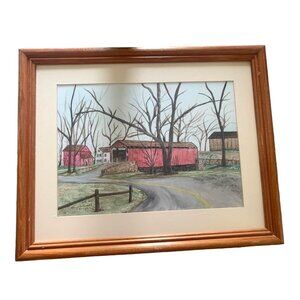 Watercolor Wenger’s Covered Bridge Framed Picture by Anna Ruth Enders 12.5" x 15